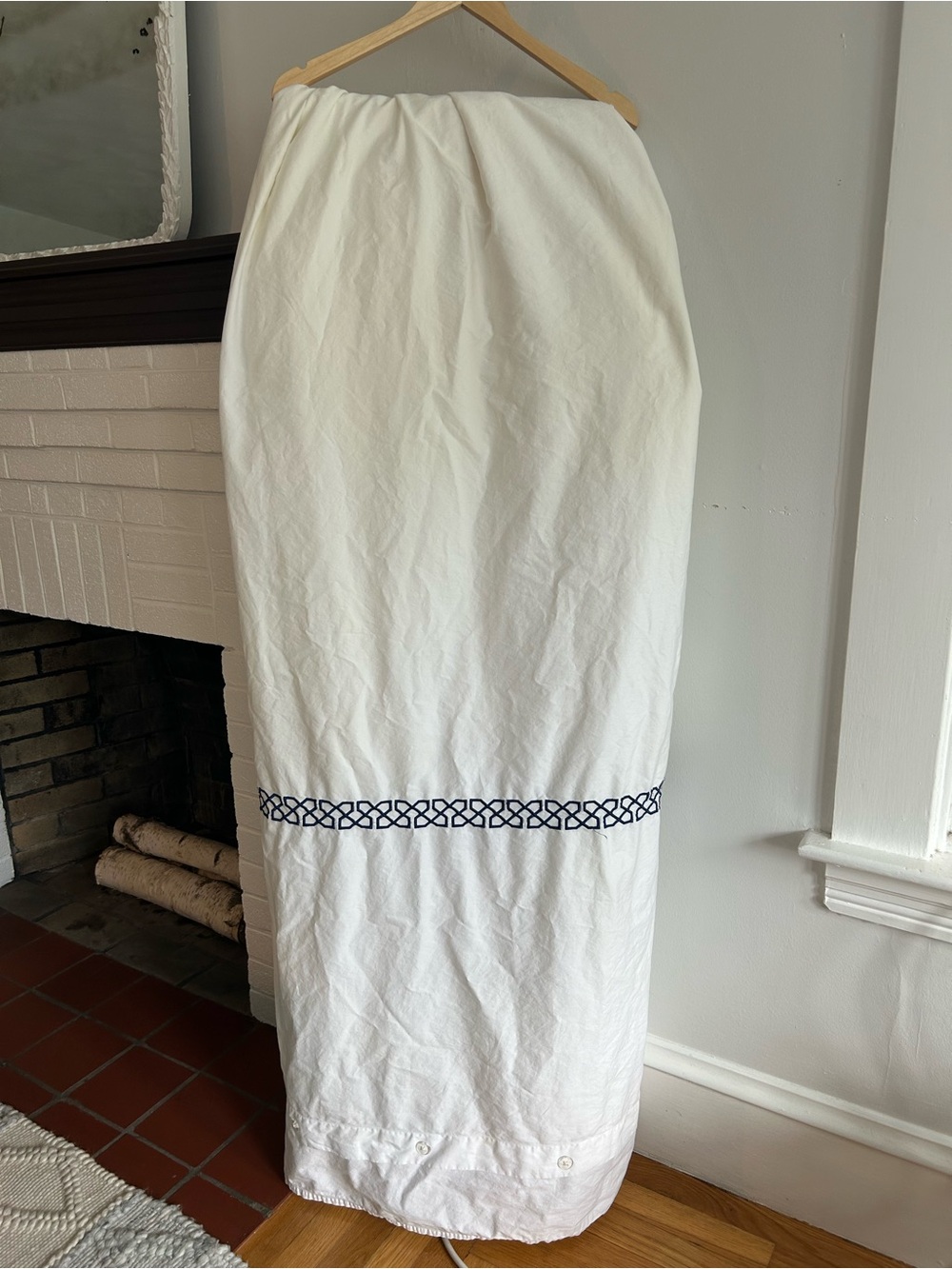 Pottery Barn White Duvet Cover with Navy Embroidered Band